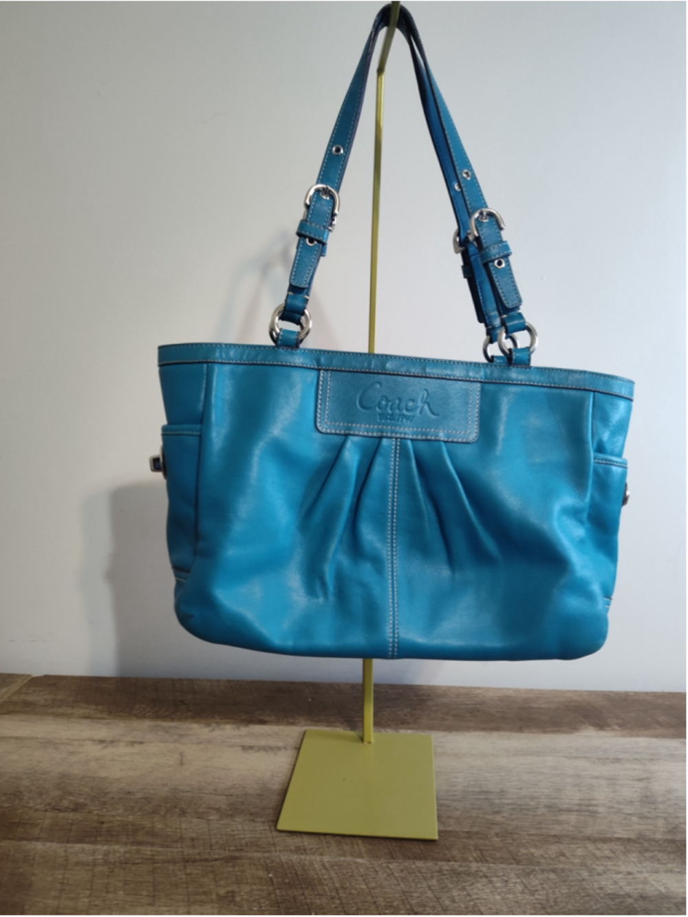 Women's Coach Teal Blue Leather Tote Bag